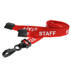 Red 15mm STAFF lanyard with plastic 'J' clip, pack of 100