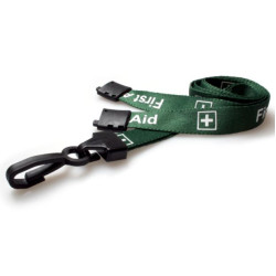 Green first aider lanyards with plastic "J" clip, pack of 100