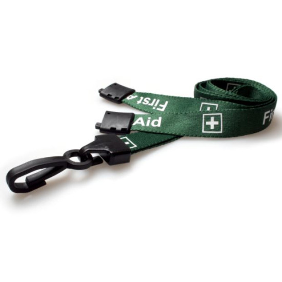 Green first aider lanyards with plastic "J" clip, pack of 100