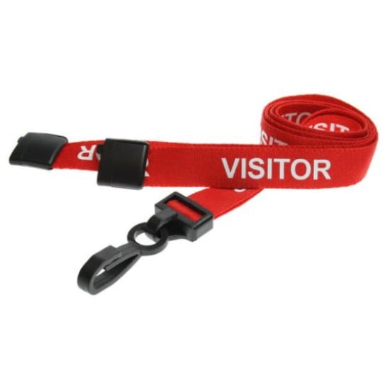 Red VISITOR lanyard with plastic J clip, pack of 100