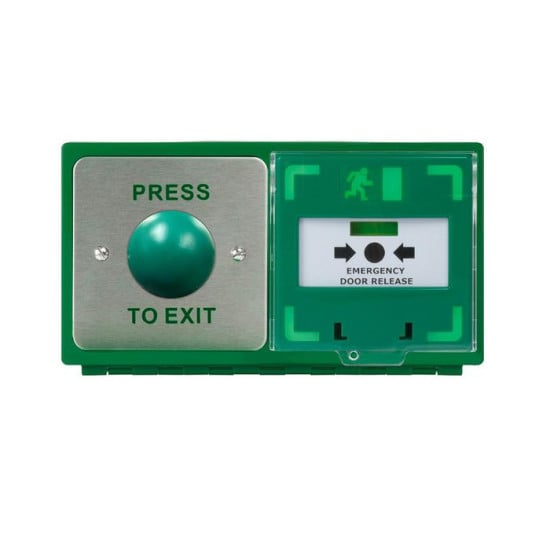 ICS Hinged double back box with AA57-PTE green dome button and MCP110 call point - Horizontal - DBB-H-04-110-H