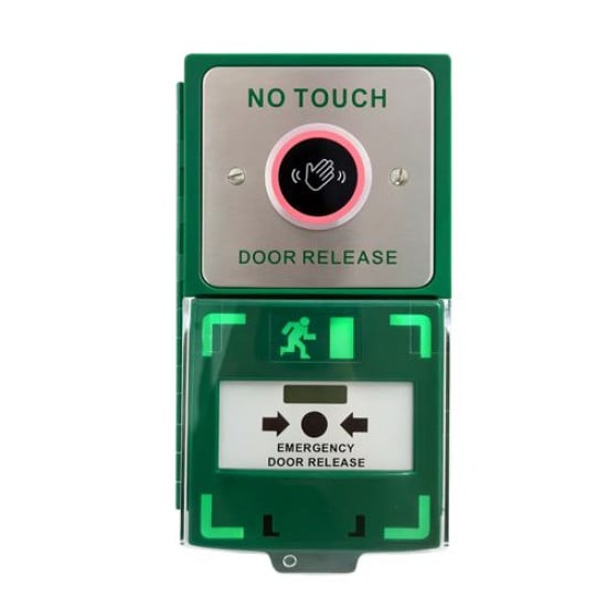 ICS Hinged Double Back Box with DRB-IR Infrared Exit Button and MCP110 Call Point - DBB-H-IR-110
