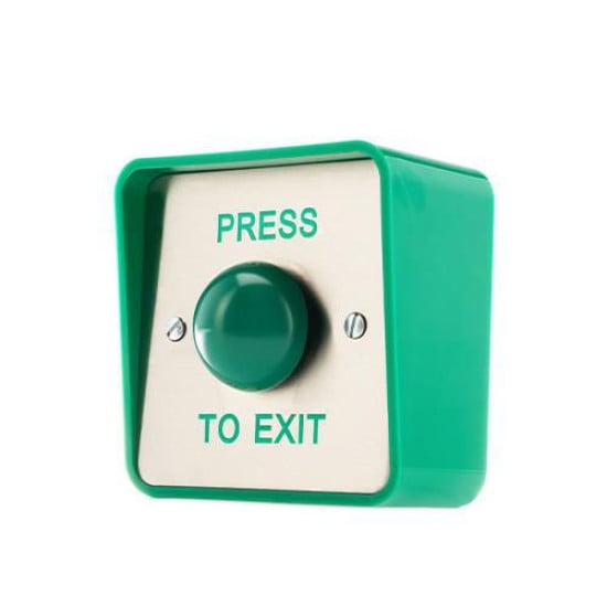 ICS Surface Mount Green Dome Exit Button with Green Plastic Housing - PRESS TO EXIT - DRB044S-PTE